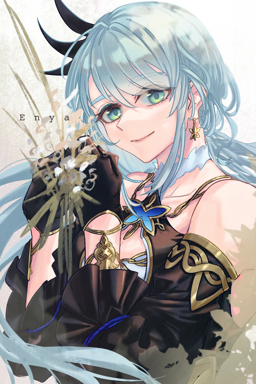 1girl, absurdres, bare_shoulders, black_gloves, blue_hair, earrings, etain_(mabinogi), feh_xeri, gloves, green_eyes, highres, jewelry, low_ponytail, mabinogi, ponytail, smile