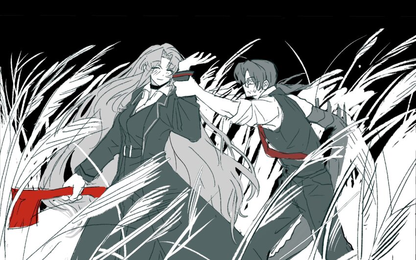 1girl, arthropod_limbs, axe, black_background, black_choker, black_coat, black_pants, black_vest