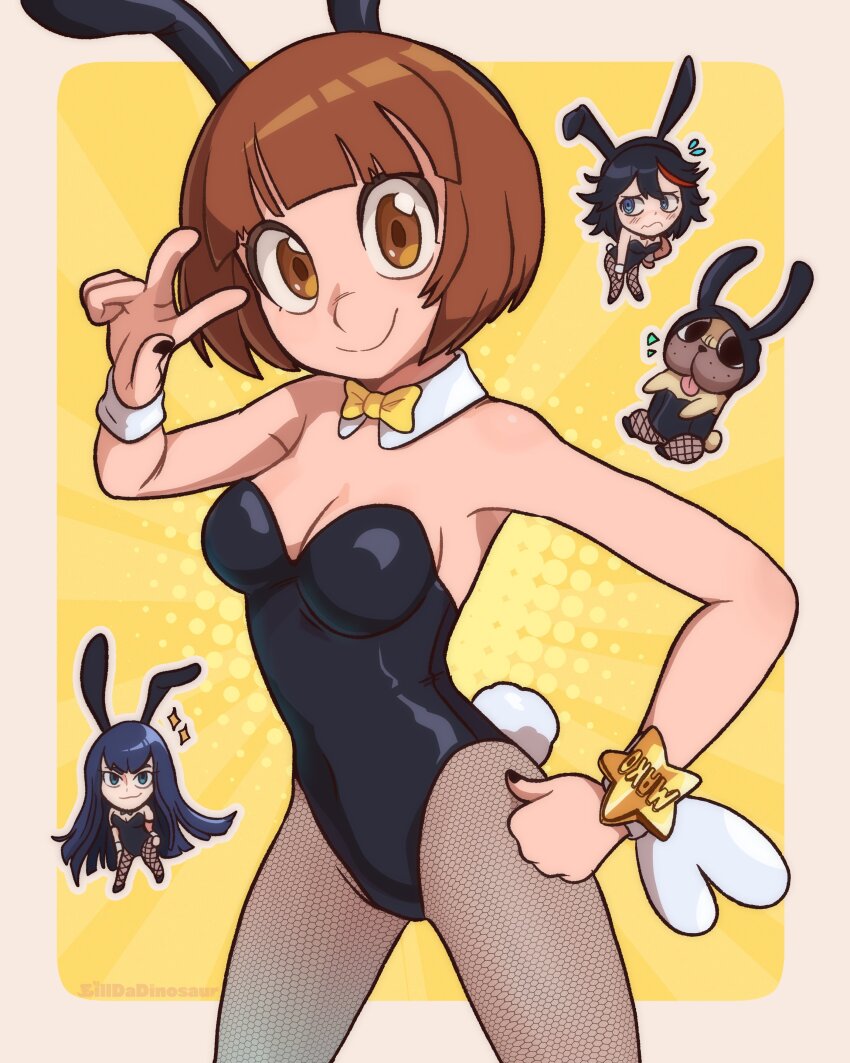 3girls, absurdres, animal_ears, artist_name, ben-day_dots, billdadinosaur, black_hair, blue_eyes, blush, bow, bracelet, breasts, brown_eyes, brown_hair, character_name, cleavage, clenched_hand, detached_collar, dog, embarrassed, frown, guts_(kill_la_kill), highres, jewelry, kill_la_kill, kiryuuin_satsuki, long_hair, looking_at_viewer, mankanshoku_mako, matoi_ryuuko, multiple_girls, outside_border, playboy_bunny, pug, rabbit_ears, rabbit_tail, screentones, short_hair, smile, sparkle, star_bracelet, tail, v, wrist_cuffs, yellow_bow