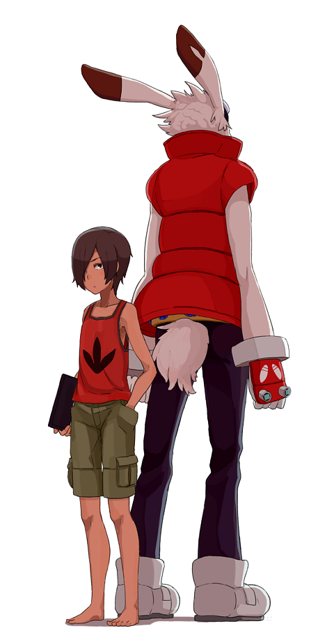 00s, androgynous, animal_ears, asamoto, back-to-back, brown_eyes, rabbit_ears, rabbit_tail, cargo_shorts, gender_request, goggles, goggles_on_head, hair_over_one_eye, hand_in_pocket, ikezawa_kazuma, king_kazma, shirt, shorts, sleeveless, sleeveless_shirt, summer_wars, tail