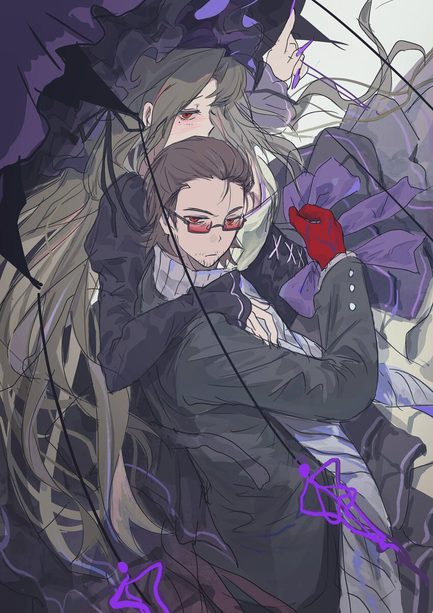 1boy, 1girl, black_corset, black_dress, black_jacket, bonnet, bow, brown_hair