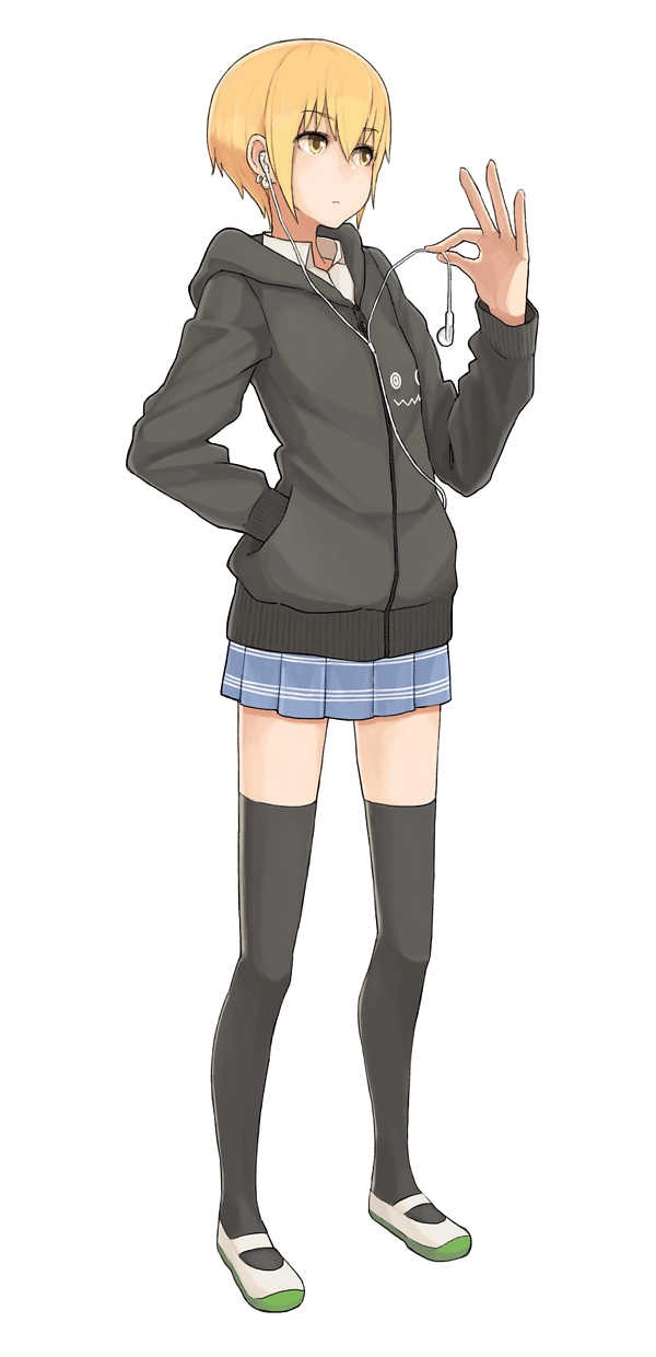 1girl, asamoto, blonde_hair, female_focus, hand_in_pocket, headphones, highres, hood, hoodie, kon_futaba, school_uniform, short_hair, solo, soredemo_machi_wa_mawatteiru, thighhighs, yellow_eyes