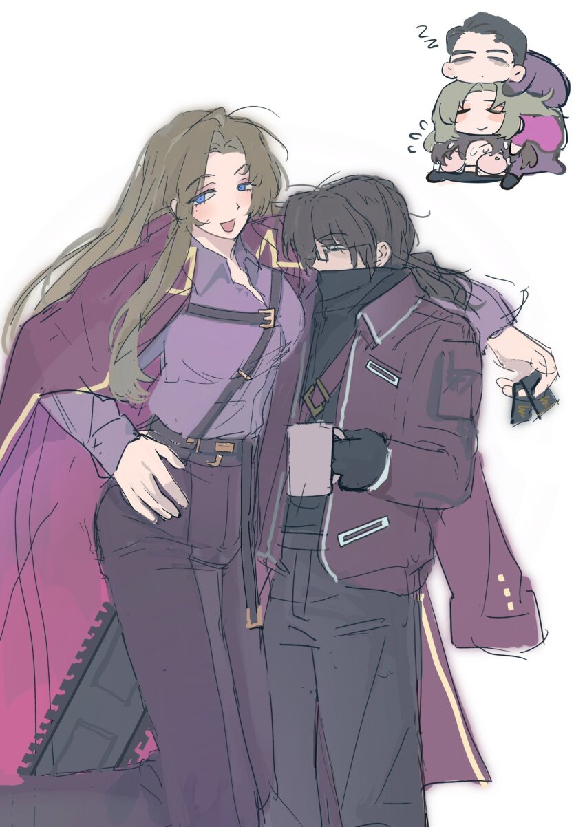 1girl, 2boys, :d, bandana, belt, black_bandana, black_gloves, black_pants