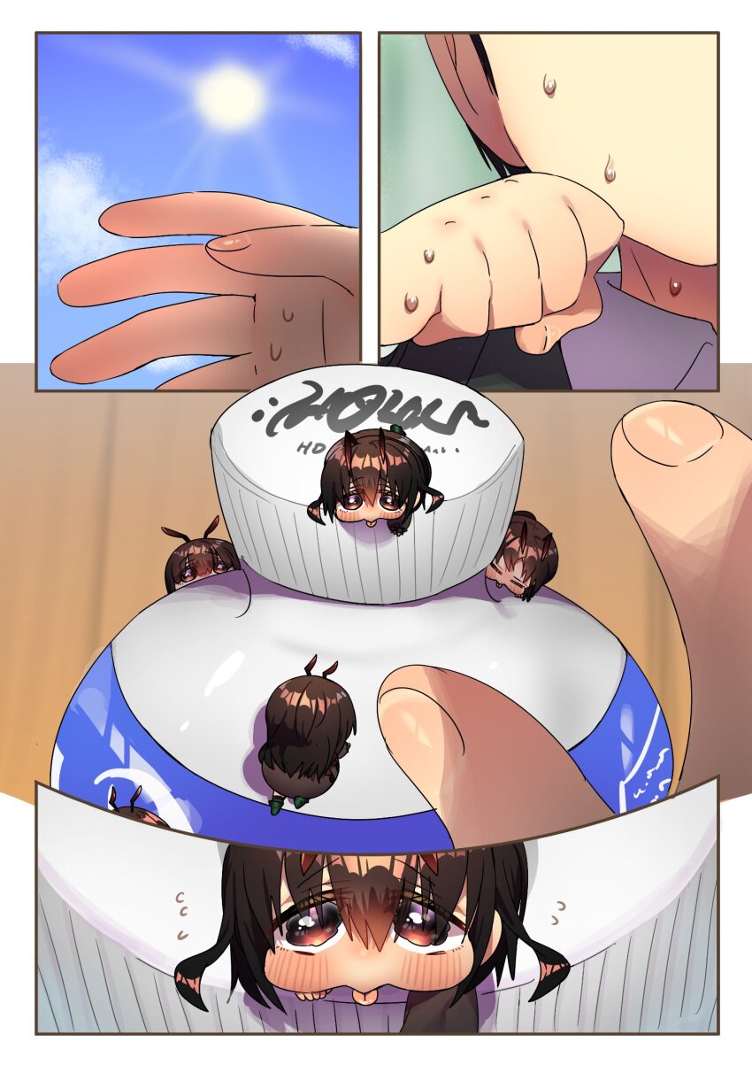 1boy, ant_girl, arthropod_girl, blue_sky, bob_cut_ant_girl_(harumina_mau), bottle, bottle_cap, harumina_mau, highres, hot, licking, main_ant_girl_(harumina_mau), ponytail_ant_girl_(harumina_mau), sky, sports_drink, sun, sweat, tongue, tongue_out