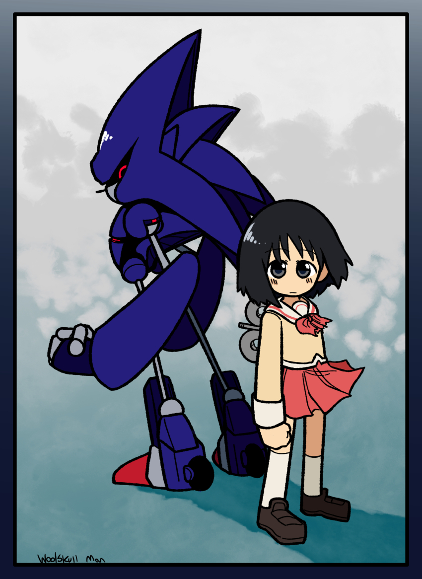 android, artist_name, black_shoes, bow, clenched_hands, grey_eyes, highres, hue_shifting