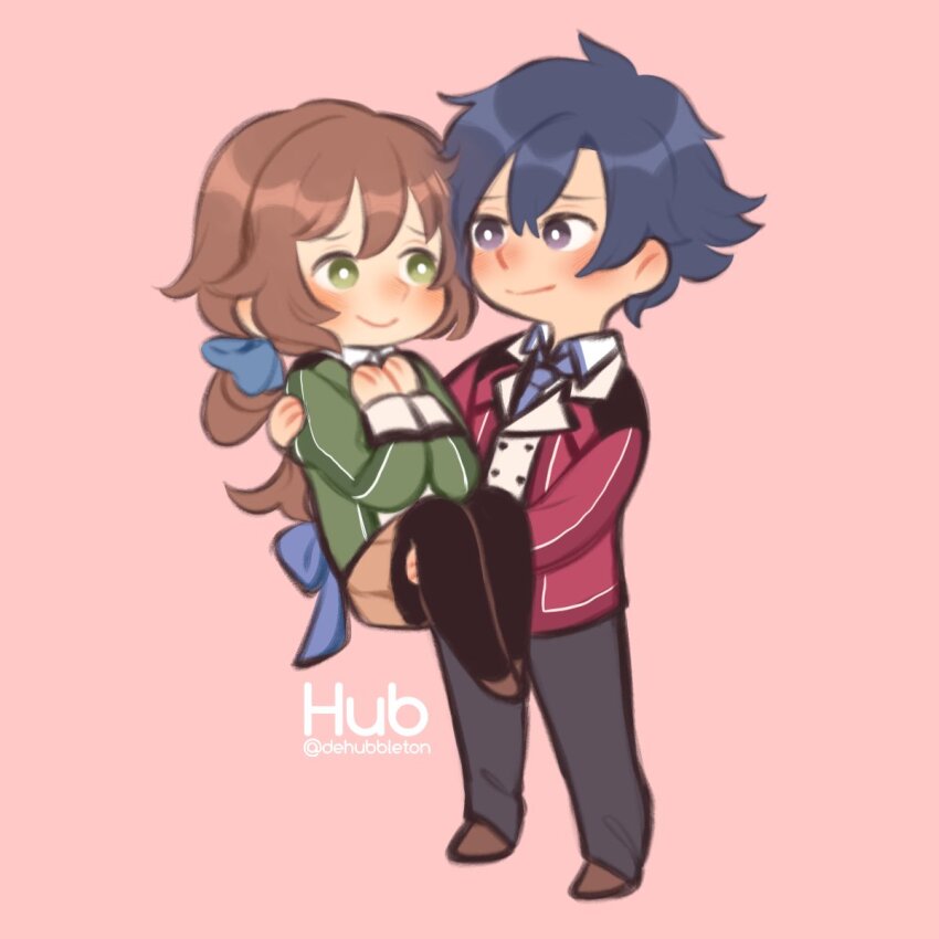 1boy, 1girl, back_bow, black_hair, blush, bow, brown_hair, carrying