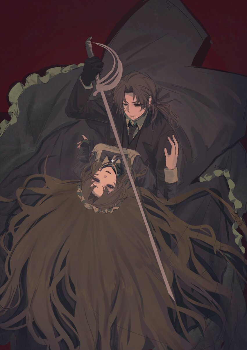 1boy, 1girl, apron, black_coat, black_dress, black_gloves, black_necktie, black_vest