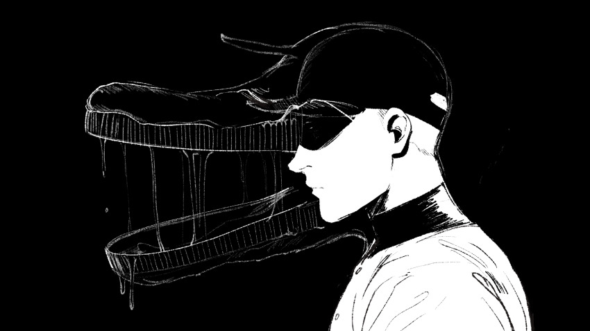 1boy, alternate_form, bad_batter, baseball_cap, baseball_uniform, black_background, closed_mouth, from_side