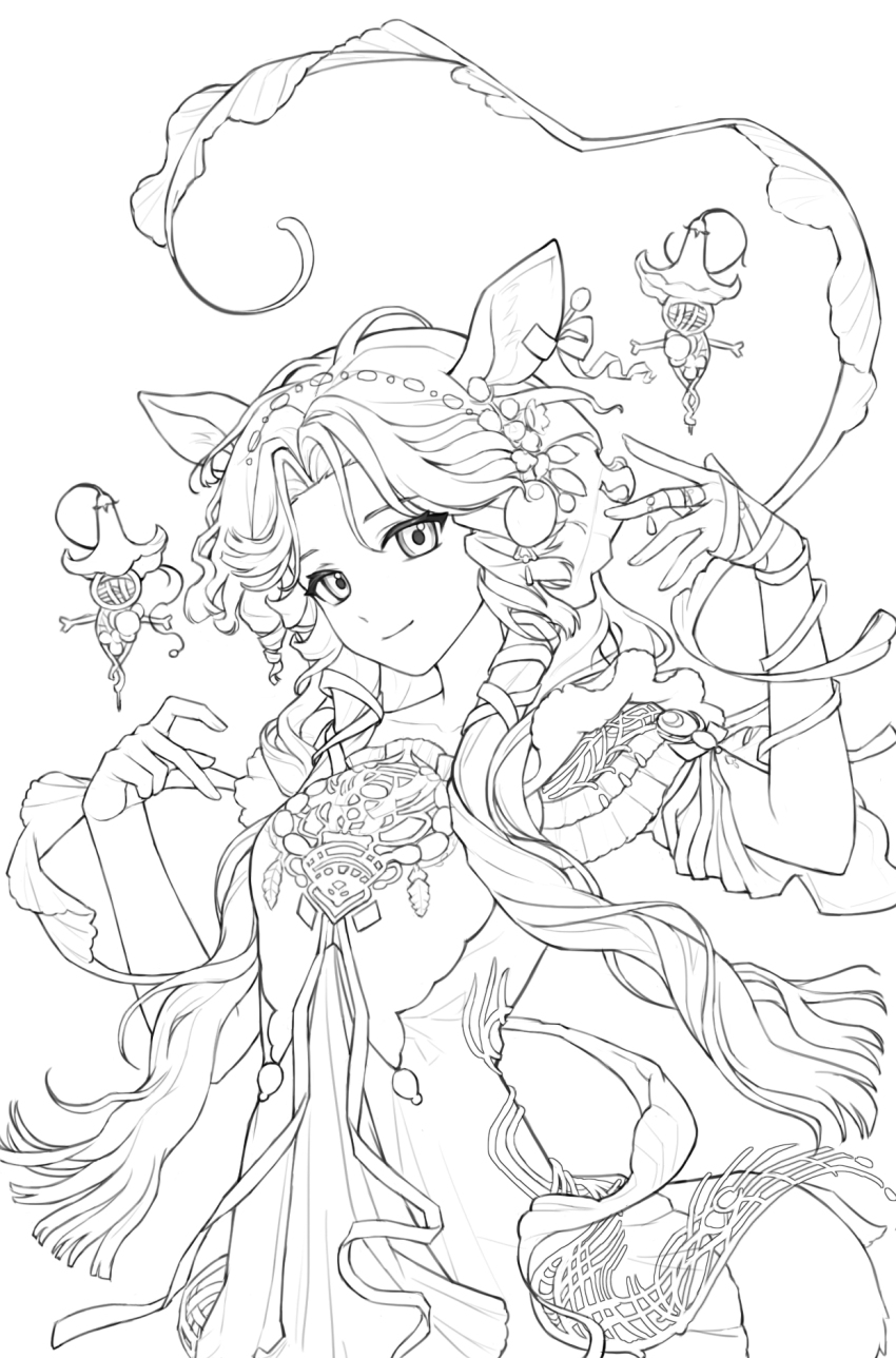 1girl, animal_ears, centauroid, closed_mouth, deer_ears, deer_girl, dress, greyscale