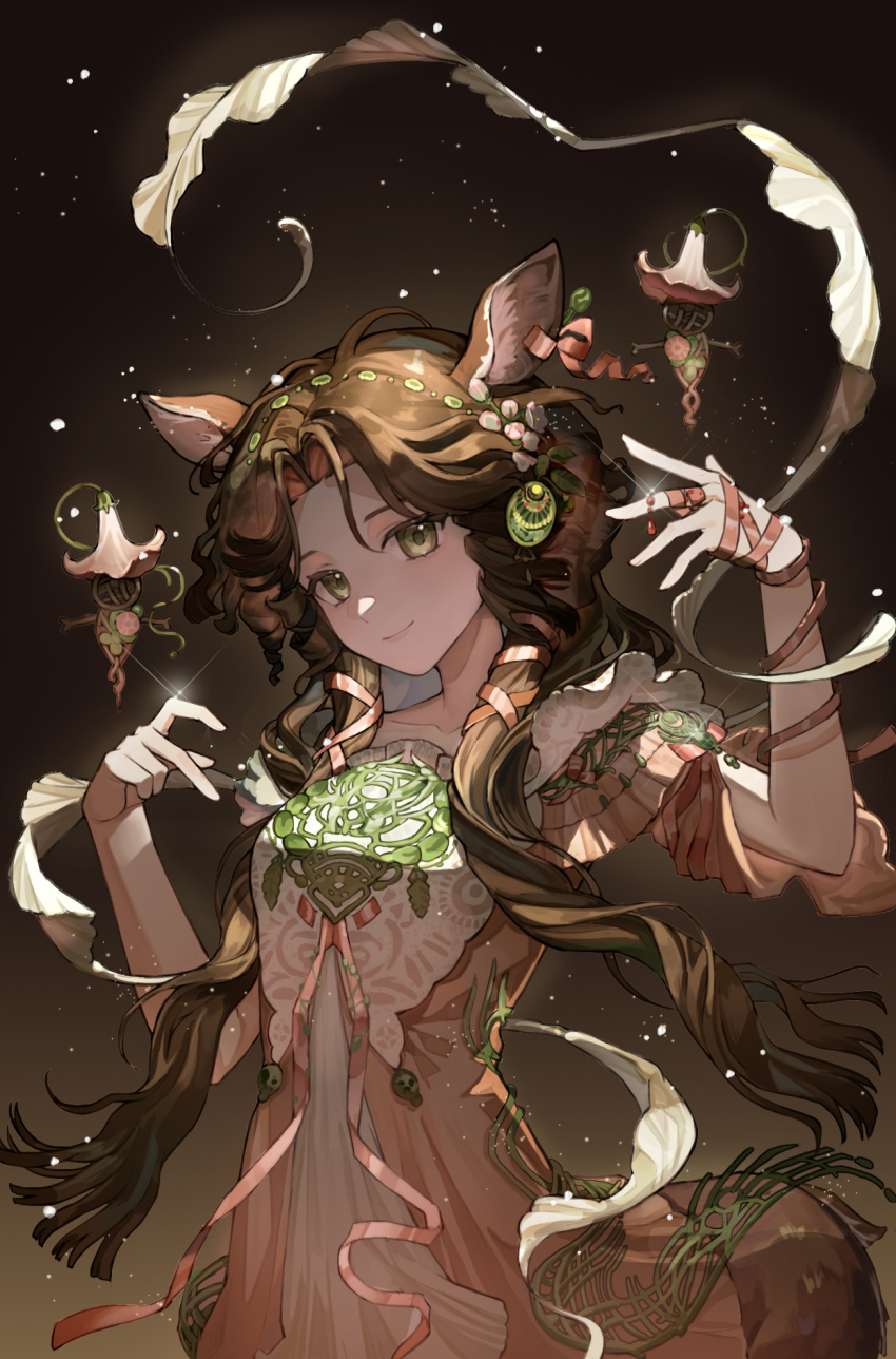 1girl, animal_ears, brown_hair, centauroid, closed_mouth, dark_background, deer_ears, deer_girl