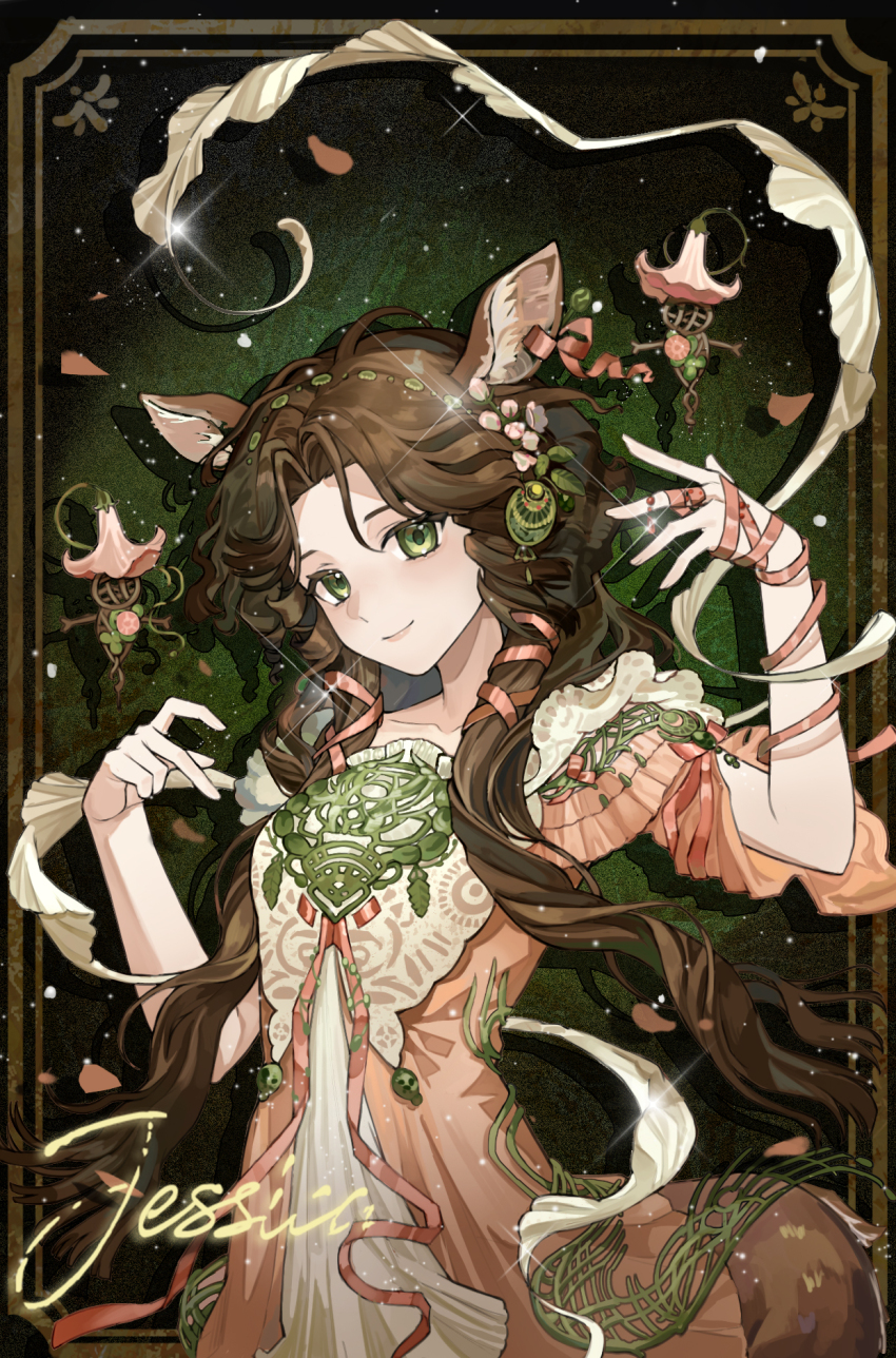 1girl, animal_ears, border, brown_hair, centauroid, character_name, closed_mouth, deer_ears