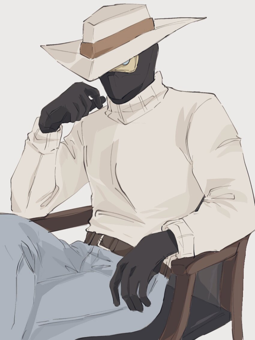 1boy, 25teibewa, alternate_costume, belt, black_gloves, brown_belt, casual, chair, cypher_(valorant), gloves, hat, highres, mask, on_chair, pants, shirt, sitting, solo, solo_focus, turtleneck, valorant, white_hat