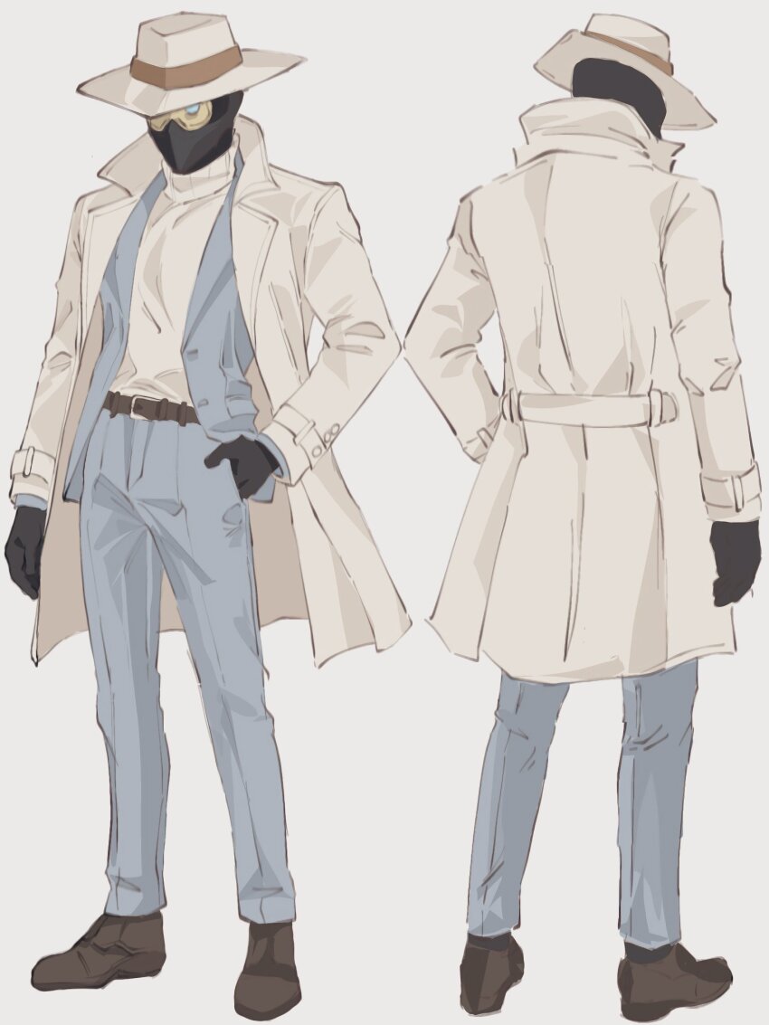 1boy, 25teibewa, alternate_costume, belt, black_gloves, brown_belt, cypher_(valorant), gloves