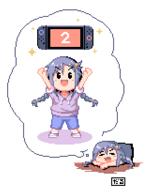 1girl, artist_name, blue_pants, braid, chair, closed_eyes, daru_pixel, hair_ornament, hair_tie, idolmaster, idolmaster_cinderella_girls, idolmaster_cinderella_girls_starlight_stage, long_hair, looking_up, miyoshi_sana, multiple_views, nintendo_switch_2, on_chair, open_mouth, pants, pixel_art, purple_hair, purple_shirt, shirt, short_sleeves, sleeping, smile, sparkle, speech_bubble, thought_bubble, twin_braids, v-shaped_eyebrows