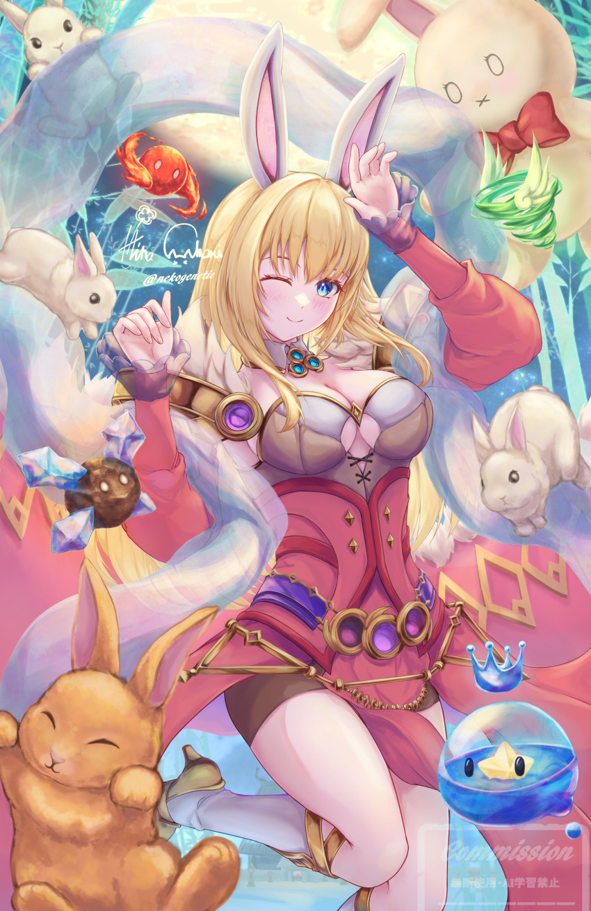 absurdres, agni_(ragnarok_online), animal_ears, aqua_(ragnarok_online), belt, blonde_hair, blue_eyes, breasts, brooch, brown_shorts, cleavage, collar, commentary_request, commission, detached_collar, dress, elemental_(creature), elemental_master_(ragnarok_online), fire, fur-trimmed_dress, fur_trim, gem, high_heels, highres, jewelry, large_breasts, nekogenetic, off-shoulder_dress, off_shoulder, one_eye_closed, pelvic_curtain, pink_dress, purple_belt, purple_gem, rabbit, rabbit_ears, ragnarok_online, shoes, shorts, shorts_under_dress, skeb_commission, socks, standing, standing_on_one_leg, tera_(ragnarok_online), ventus_(ragnarok_online), water, white_collar, white_socks, yellow_shoes