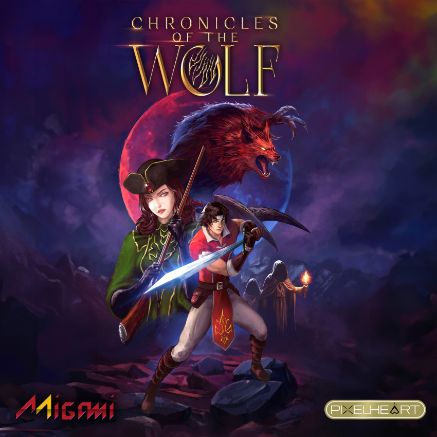 1boy, 1girl, 2others, animal_ears, antique_firearm, beast_of_gevaudan, beast_of_gevaudan_(chronicles_of_the_wolf), black_hair, boots, brown_eyes, brown_hair, character_request, chronicles_of_the_wolf, claws, clock, cloud, cloudy_sky, english_text, fighting_stance, fire, firearm, firelock, flintlock, full_moon, fusil_de_chasse, gem, gem_on_hat, glint, gloves, glowing, glowing_eyes, gun, hat, headband, highres, junki_sakuraba, loincloth, long_hair, mateo_lombardo, migami_games, monster, moon, multiple_others, musket, night, no_pupils, official_art, p_qube, pixelheart, red_moon, rifle, rock, sharp_teeth, short_hair, sky, sword, teeth, tongue, torch, weapon, werewolf, wolf_ears, yellow_eyes