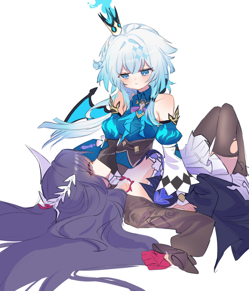 2girls, absurdres, black_thighhighs, blue_dress, blue_eyes, blue_hair, breasts, cerydra_(honkai:_star_rail), commentary, crown, detached_sleeves, dress, hair_intakes, highres, honkai:_star_rail, honkai_(series), hysilens_(honkai:_star_rail), large_breasts, long_hair, looking_at_another, lying, medium_breasts, mini_crown, multiple_girls, on_back, pic_p_p, purple_dress, purple_hair, untranslatable_commentary, thighhighs, torn_clothes, very_long_hair, wings, yuri