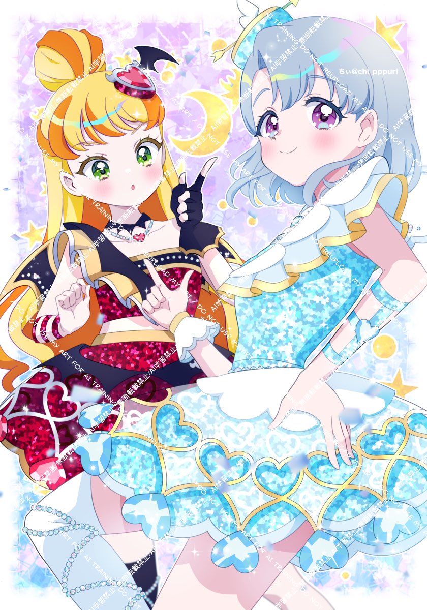 2girls, :o, blonde_hair, blue_dress, blush, chii_(chi_pppuri), copyright_notice, cropped_shirt