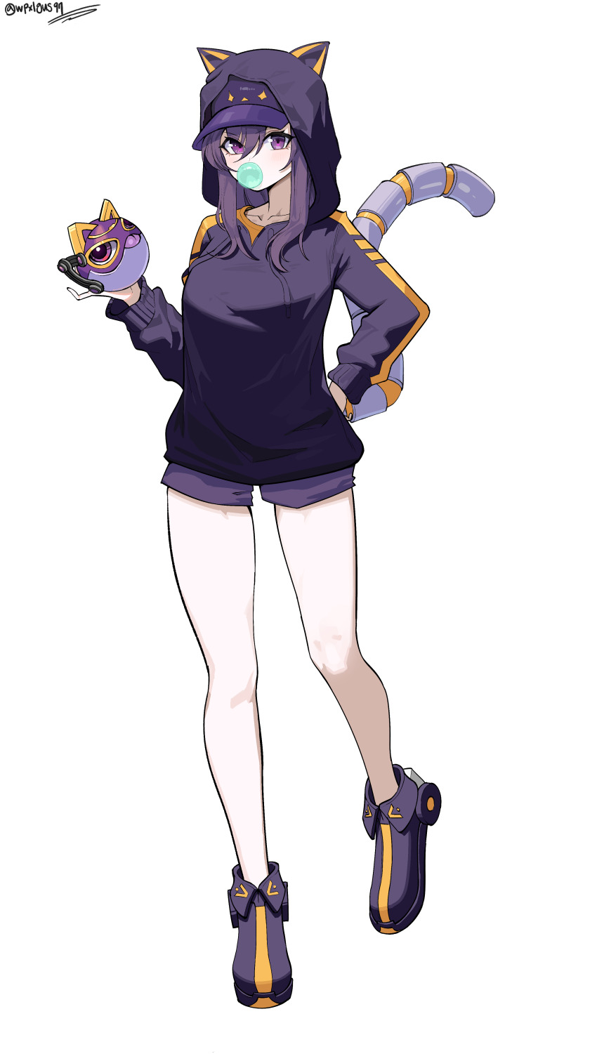 1girl, absurdres, animal_hood, black_hoodie, black_shoes, blowing_bubble_gum, breasts, cat_hood