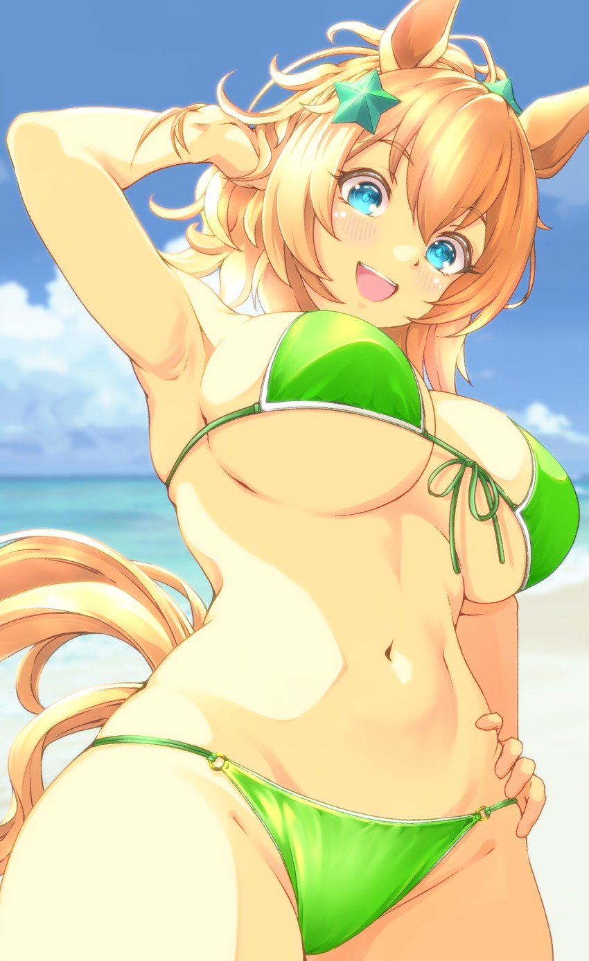 1girl, animal_ears, armpits, bikini, blue_eyes, blue_sky, breasts, cloud, commentary, day, green_bikini, hair_ornament, hand_on_own_hip, highres, horse_ears, horse_girl, horse_tail, kaicho_(kaicho_p), large_breasts, ocean, open_mouth, orange_hair, outdoors, sky, solo, star_(symbol), star_hair_ornament, swimsuit, taiki_shuttle_(umamusume), tail, umamusume