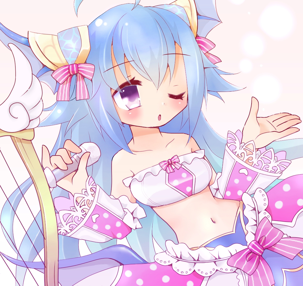 1girl, ahoge, bare_shoulders, blue_eyes, emil_chronicle_online, frilled_skirt, frilled_sleeves, frills, hair_ornament, harp, holding, holding_microphone, horns, instrument, kurosaki_yomi, long_hair, lorelei_lore, mermaid, microphone, monster_girl, navel, one_eye_closed, open_mouth, pink_ribbon, purple_eyes, ribbon, skirt