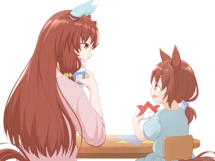 2girls, animal_ears, bow, brown_hair, buttons, commentary, hair_between_eyes, hair_bow