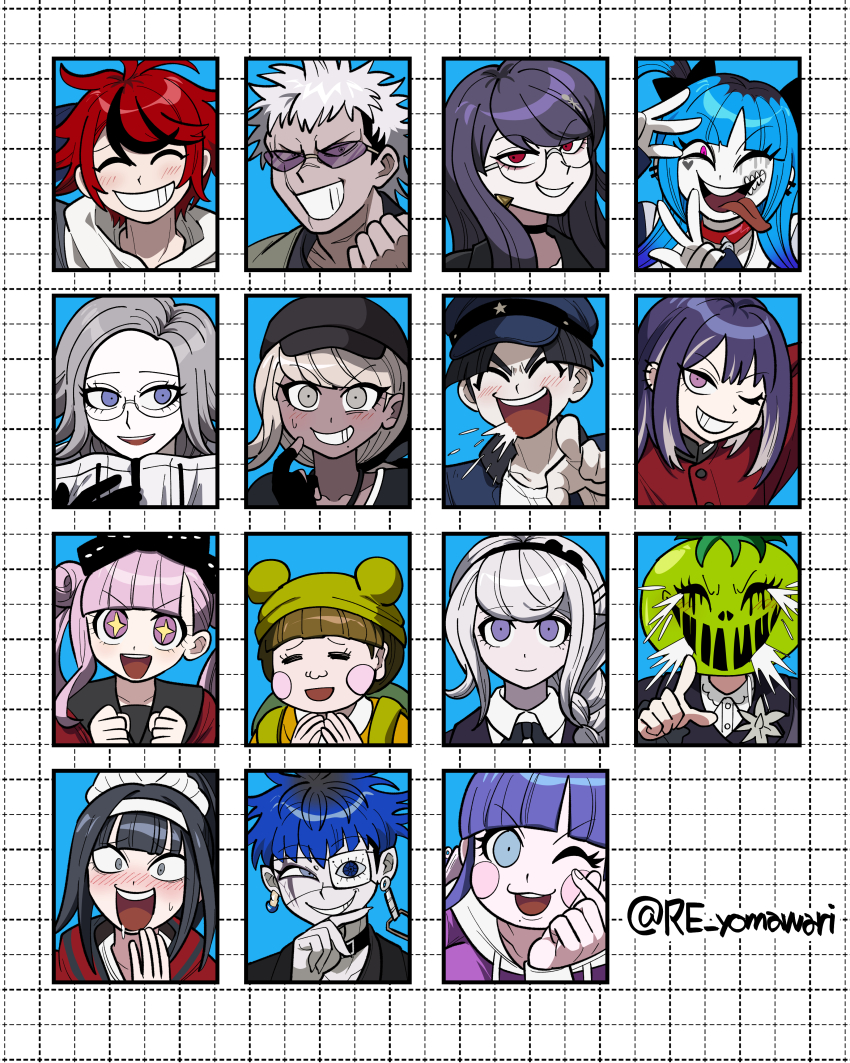 +_+, 6+boys, 6+girls, ^_^, absurdres, amemiya_darumi, aotsuki_eito, black_choker, black_hair, black_hairband, black_hat, blue_hair, blue_hat, choker, clenched_hands, closed_eyes, dark-skinned_female, dark-skinned_male, dark_skin, eyepatch, furukawa_(yomawari), ginzaki_shouma, glasses, green_hat, grey_hair, grin, hairband, hashtag-only_commentary, hat, highres, jacket, kawana_tsubasa, kirifuji_nozomi, laughing, long_hair, magadori_kyoshika, makeup, maruko_gaku, mojiro_moko, multicolored_hair, multiple_boys, multiple_girls, omokage_yugamu, one_eye_closed, oosuzuki_kurara, open_mouth, pink_hair, pointing, pointing_at_viewer, purple_hair, red_eyes, red_hair, red_jacket, runny_makeup, school_uniform, shizuhara_hiruko, simple_background, smile, streaked_hair, sumino_takumi, sunglasses, the_hundred_line_-last_defense_academy-, tongue, tongue_out, tsukumo_ima, tsukumo_kako, twitter_username, white_hairband, yakushiji_takemaru