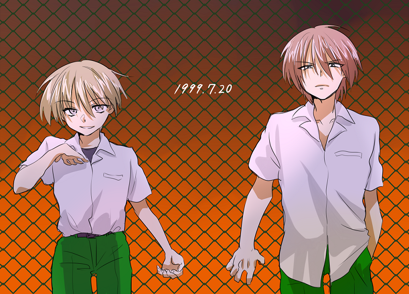 2boys, against_fence, blonde_hair, blue_eyes, brown_hair, chain-link_fence, dated, evil_smile