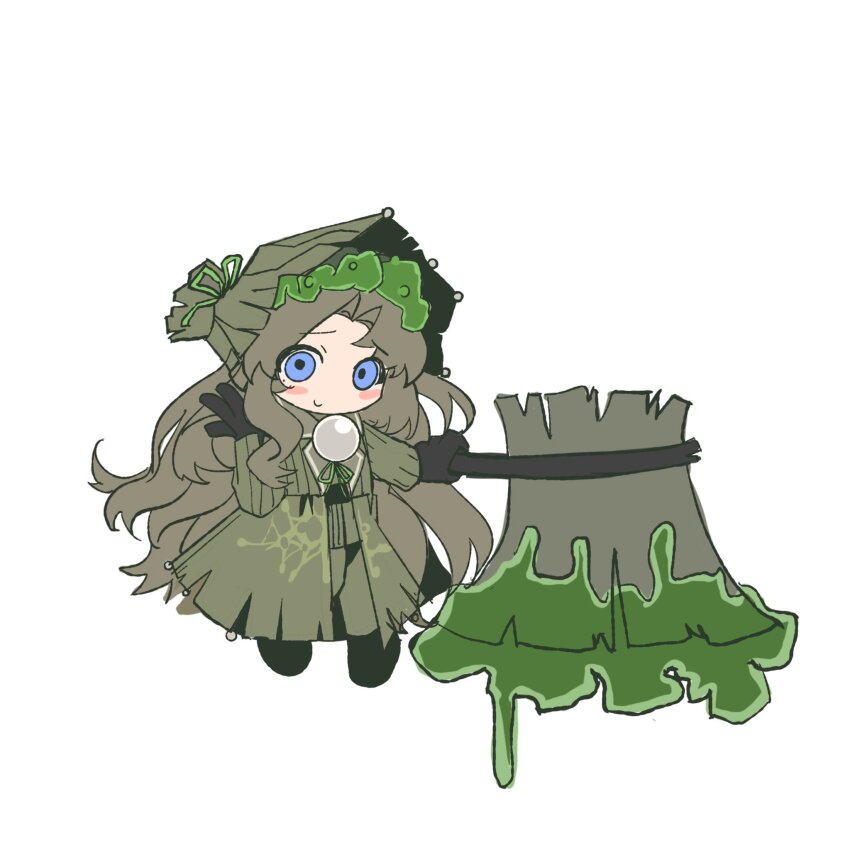 1girl, axe, black_gloves, blue_eyes, blush_stickers, bonnet, brown_bonnet, brown_coat