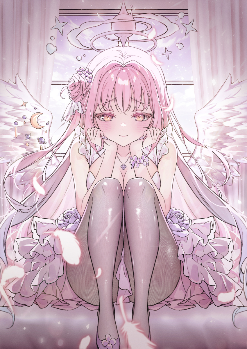 1girl, absurdres, bare_arms, black_pantyhose, blue_archive, blush, breasts, cleavage