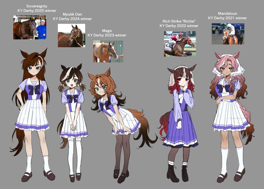 5girls, :3, absurdres, animal_ears, black_hair, black_pantyhose, blue_eyes, boots, bow, bowtie, breasts, brown_eyes, brown_hair, brown_shoes, character_name, commentary, dark-skinned_female, dark_skin, english_commentary, english_text, full_body, genderswap, genderswap_(mtf), gradient_hair, green_eyes, grey_background, hair_bow, hair_intakes, highres, horse_ears, horse_tail, horseshoe_ornament, jewelry, kentucky_derby, lace-up_boots, large_breasts, loafers, long_sleeves, low_twintails, mage_(racehorse), mandaloun_(racehorse), multicolored_hair, multiple_girls, mystik_dan_(racehorse), necklace, original, own_hands_together, pantyhose, personification, pleated_skirt, puffy_short_sleeves, puffy_sleeves, purple_bow, purple_bowtie, purple_shirt, purple_skirt, real_life, red_eyes, red_hair, reference_inset, rich_strike_(racehorse), saccharhythm, sailor_collar, sailor_shirt, school_uniform, shirt, shoes, short_sleeves, simple_background, skirt, sovereignty_(racehorse), standing, streaked_hair, swept_bangs, tail, thighhighs, tracen_school_uniform, twintails, twitter_username, umamusume, veil, wavy_hair, white_bow, white_bowtie, white_hair, white_skirt, white_thighhighs