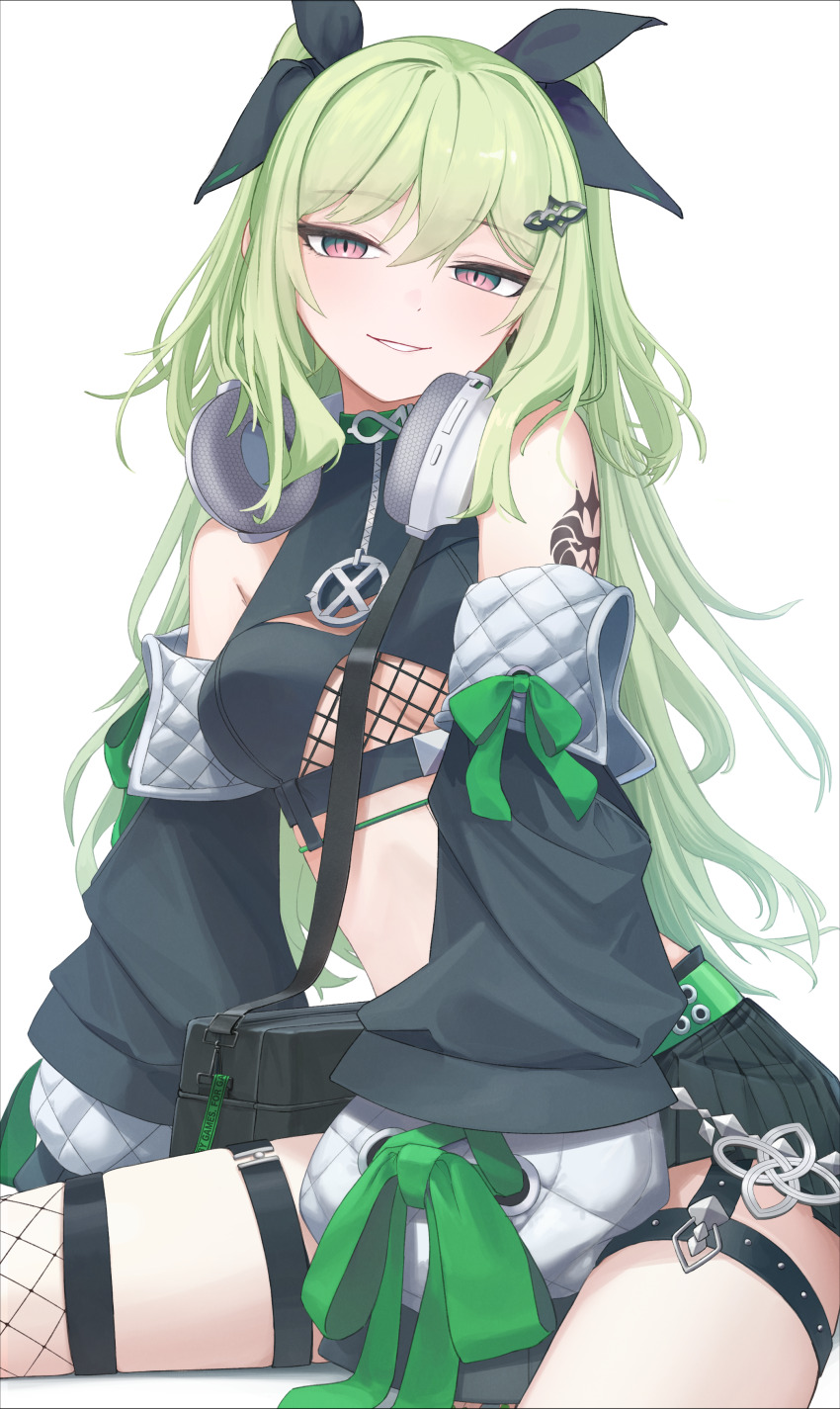 1girl, absurdres, arm_tattoo, black_shorts, clothing_cutout, commentary_request, crop_top, detached_sleeves