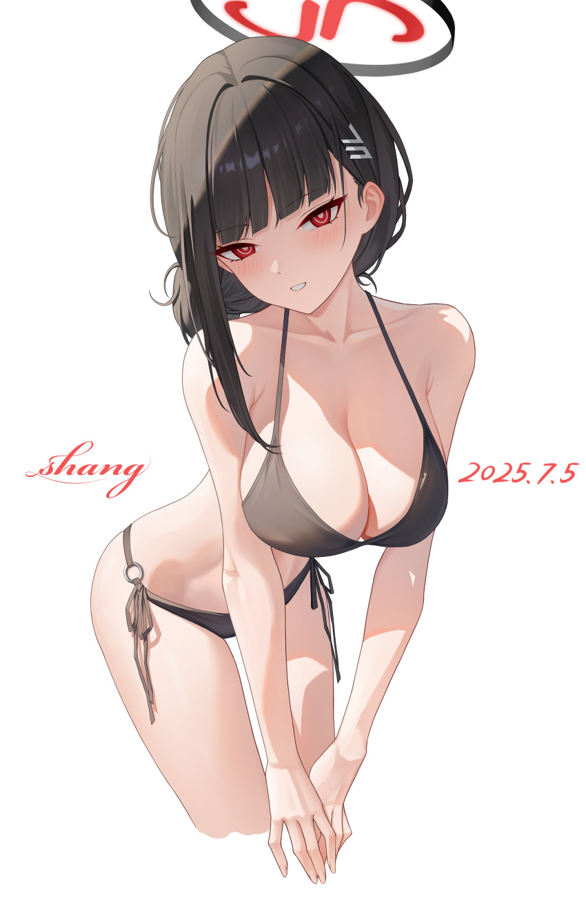 1girl, absurdres, alternate_hairstyle, artist_name, bare_arms, bikini, black_bikini, black_hair, black_halo, blue_archive, blush, breasts, cleavage, collarbone, commentary_request, dated, fu_shang, hair_intakes, hair_ornament, hairpin, halo, halterneck, highres, large_breasts, leaning_forward, long_hair, looking_at_viewer, o-ring_bikini_bottom, red_eyes, rio_(blue_archive), side-tie_bikini_bottom, simple_background, smile, solo, swimsuit, white_background