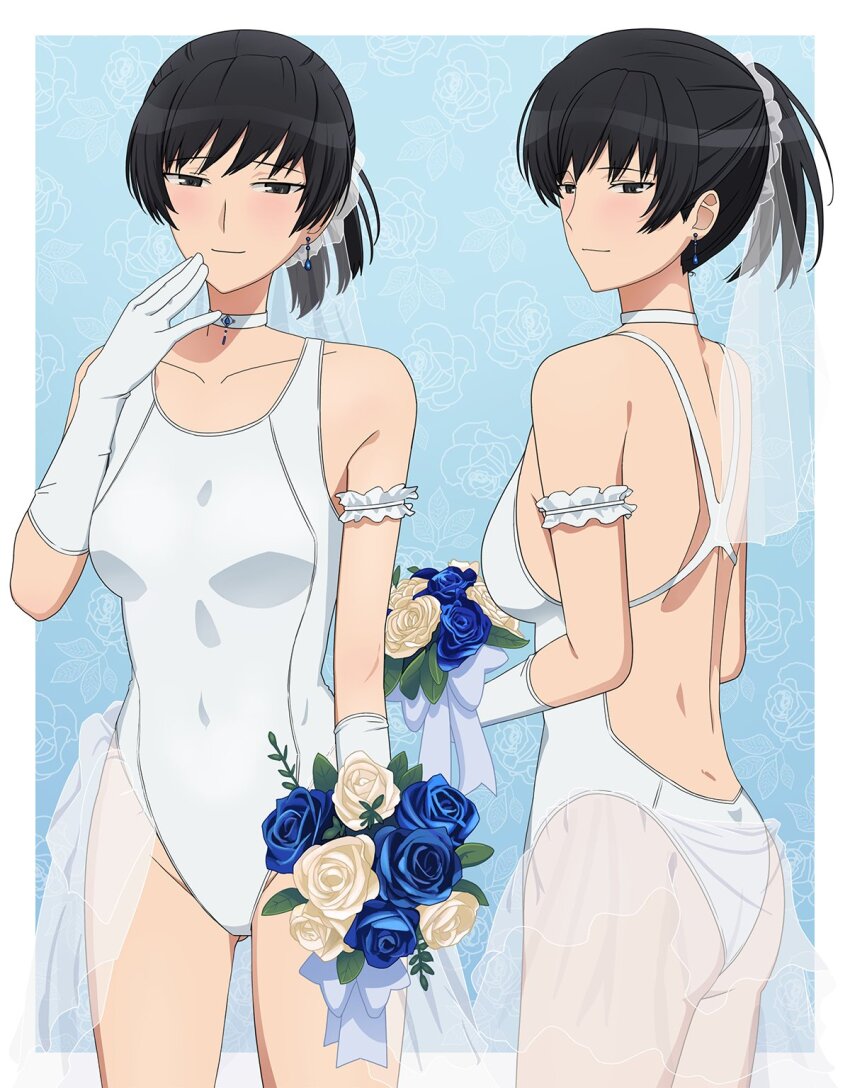1girl, amagami, aqua_background, arm_garter, black_eyes, black_hair, blue_flower, blue_rose