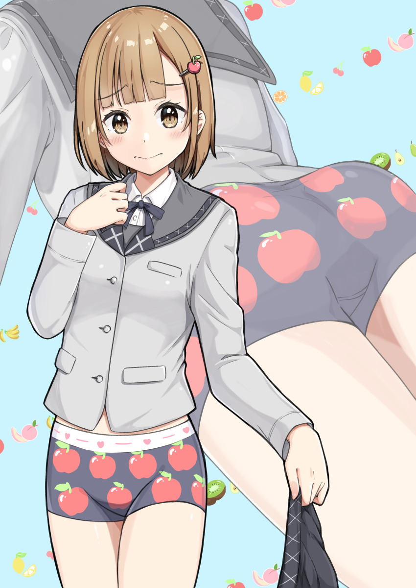 1girl, absurdres, apple_hair_ornament, apple_panties, apple_print, ass, black_panties, blue_background