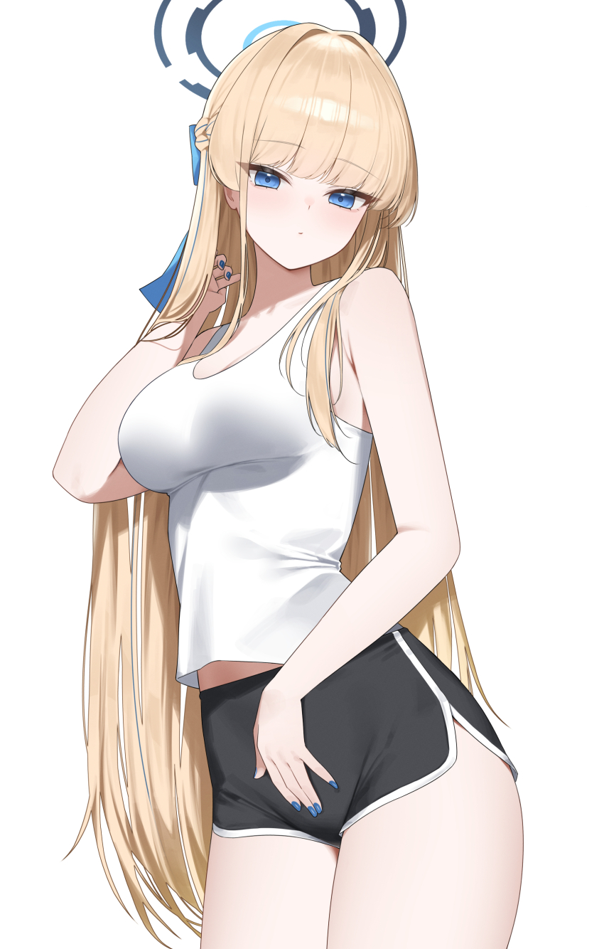 1girl, absurdres, alternate_costume, bare_arms, bare_shoulders, black_shorts, blonde_hair, blue_archive
