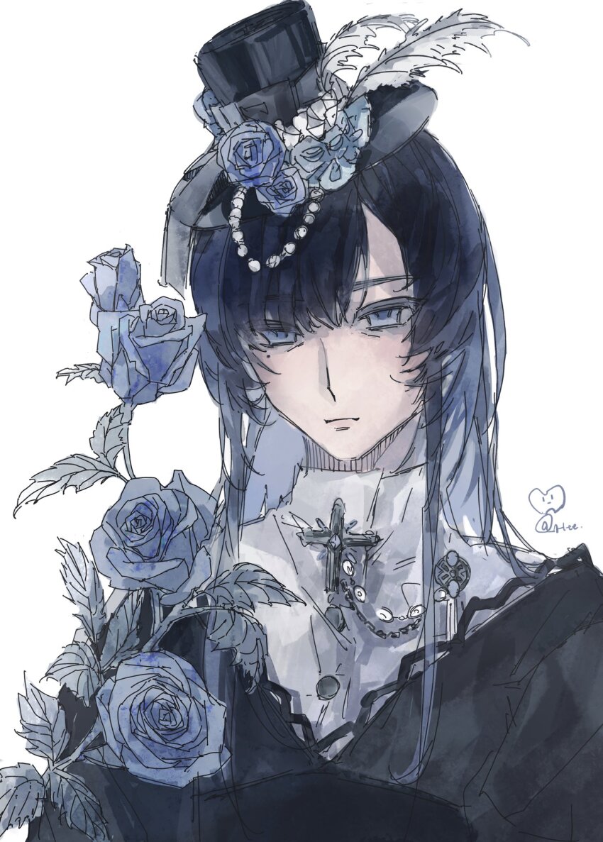 1girl, ado_(utaite), blue_eyes, blue_flower, blue_hair, blue_hat, blue_rose, chando_(ado)