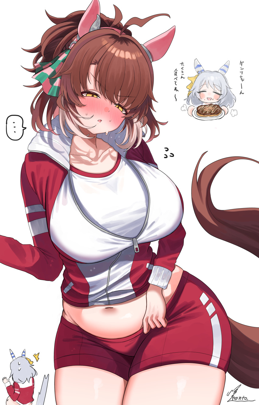 ..., 2girls, absurdres, animal_ears, artist_name, belly, bow, brown_hair, commentary_request, dantsu_flame_(umamusume), ear_covers, ear_ribbon, food, full_stomach, grey_hair, gym_shirt, highres, hishi_miracle_(umamusume), holding, holding_plate, horse_ears, horse_girl, horse_tail, multiple_girls, navel, occhahoi, pants, plate, red_pants, red_shorts, shirt, shorts, simple_background, stiff_tail, tail, takatu_nanto, thighs, tracen_training_uniform, translation_request, umamusume, white_background, yellow_eyes