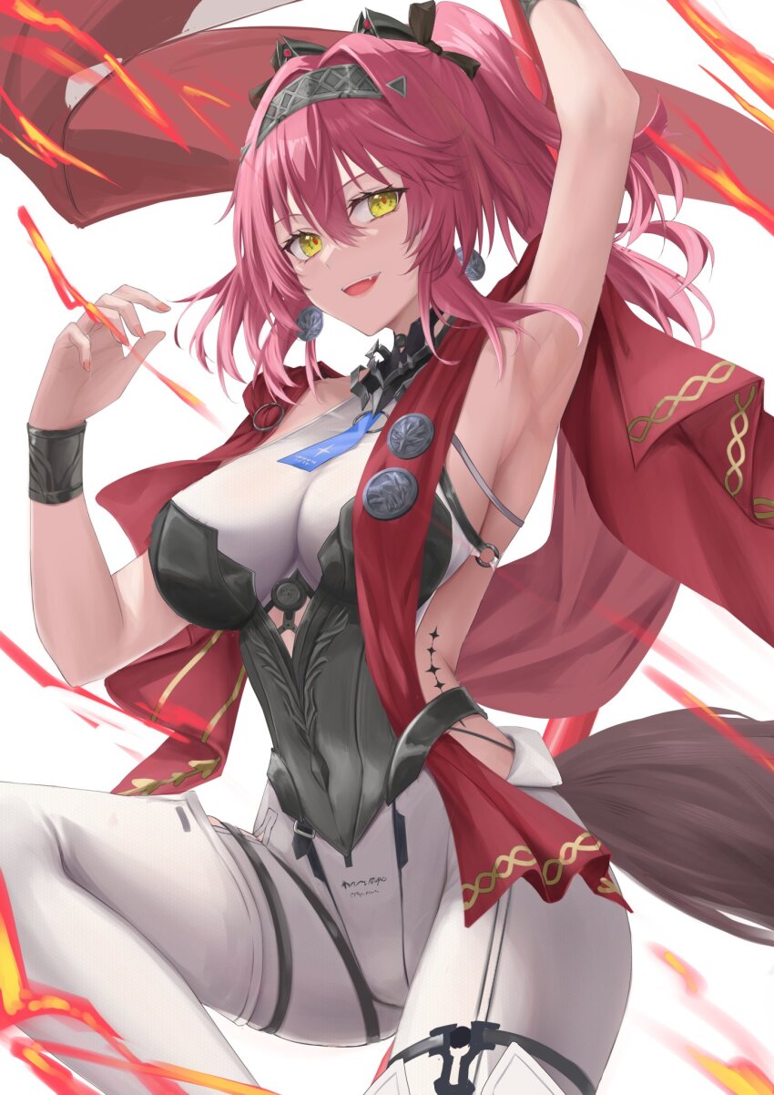 1girl, arm_up, armor, armpits, black_bow, bodysuit, boots, bow