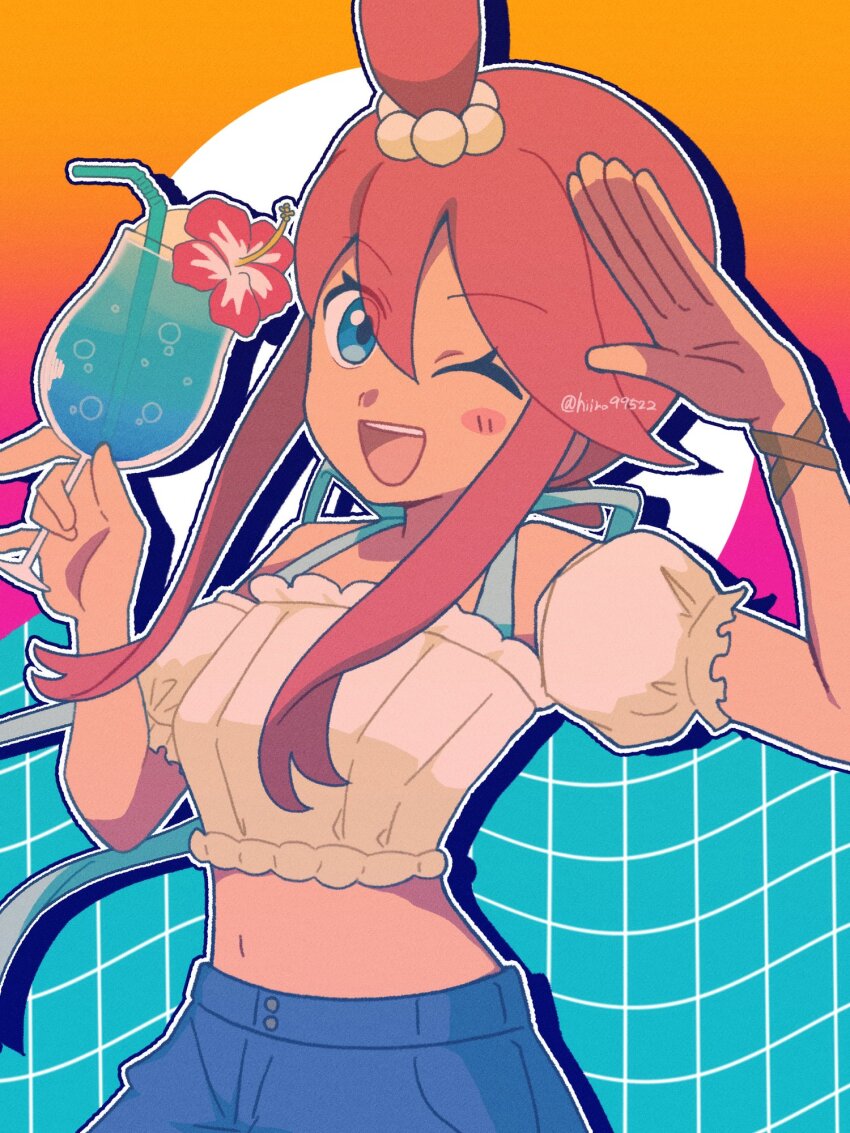 1girl, ;d, blue_eyes, blue_shorts, crop_top, cup, drinking_glass, drinking_straw
