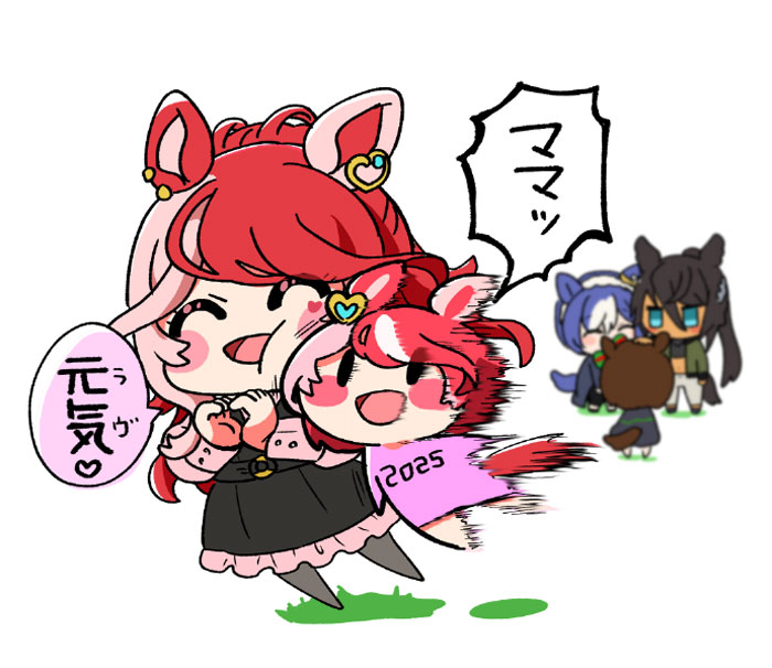 5girls, animal_ears, aqua_eyes, black_dress, black_hair, blue_hair, blush_stickers, bow