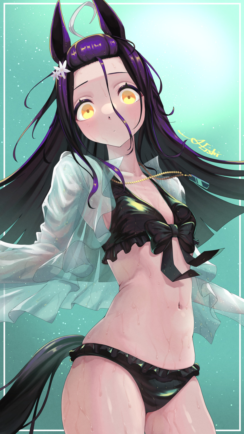 1girl, a4_(a4_eishi), absurdres, ahoge, animal_ears, bangs_pinned_back, bikini, black_bikini