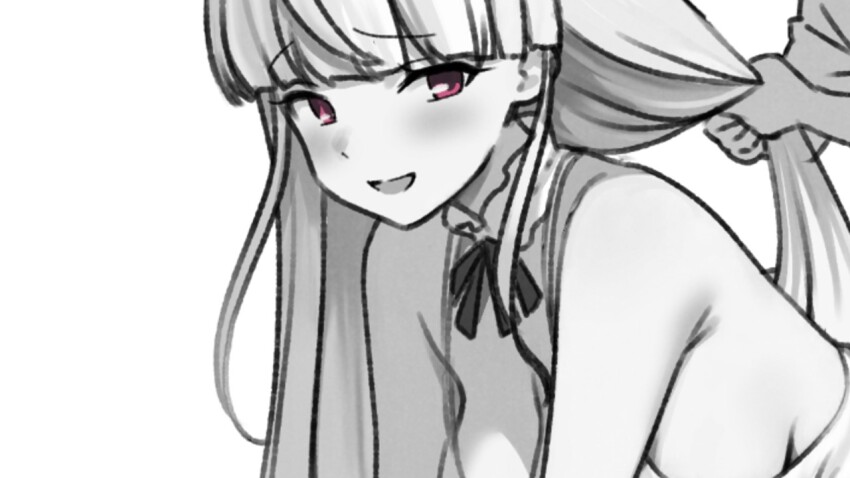 1boy, 1girl, alternate_costume, blunt_bangs, blush, breasts, choker, cleavage