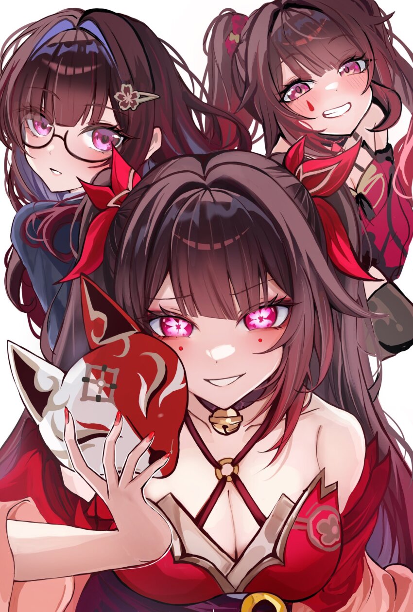 3girls, bell, black_choker, black_shirt, breasts, brown_hair, choker, cleavage, clenched_teeth, criss-cross_halter, dress, facial_mark, flower-shaped_pupils, fox_mask, glasses, halterneck, highres, hisui_(xztw), holding, holding_mask, honkai:_star_rail, honkai_(series), long_hair, looking_at_viewer, mark_under_both_eyes, mask, multiple_girls, multiple_persona, neck_bell, open_mouth, red_dress, red_sleeves, shirt, simple_background, sparkle_(fictitious_game)_(honkai:_star_rail), sparkle_(honkai:_star_rail), sparkle_(school_uniform)_(honkai:_star_rail), symbol-shaped_pupils, teardrop_facial_mark, teeth, twintails, white_background