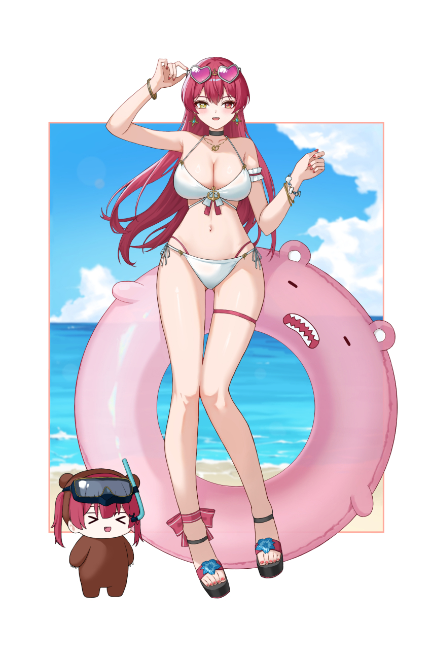 0_albusart, 2girls, absurdres, animal_costume, beach, bear_costume, bikini, border, breasts, cleavage, collarbone, earrings, eyewear_on_head, full_body, heterochromia, highres, hololive, houshou_kumarine, houshou_marine, jewelry, large_breasts, long_hair, multiple_girls, navel, ocean, purple-tinted_eyewear, red_eyes, red_hair, sand, standing, swim_ring, swimsuit, tinted_eyewear, virtual_youtuber, water, white_bikini, white_border, yellow_eyes