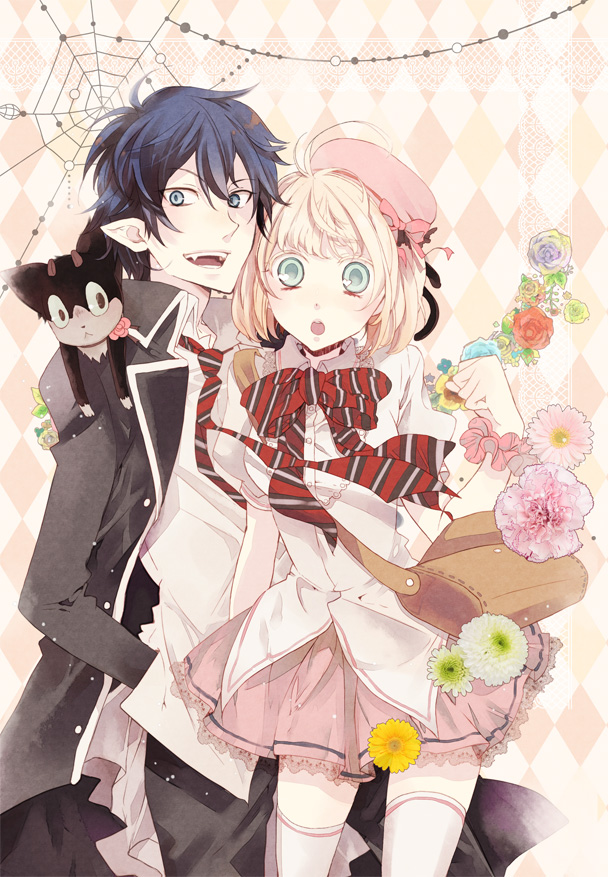 1boy, 1girl, :o, ao_no_exorcist, bad_id, bad_pixiv_id, beret, black_hair