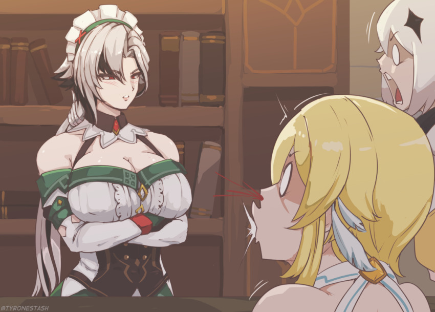 3girls, alternate_costume, arlecchino_(genshin_impact), black_eyes, blonde_hair, blurry, bookshelf, breasts, cleavage, commentary, cosplay, crossed_arms, depth_of_field, detached_sleeves, english_commentary, genshin_impact, indoors, katheryne_(genshin_impact), katheryne_(genshin_impact)_(cosplay), large_breasts, long_hair, long_sleeves, looking_at_another, low_ponytail, lumine_(genshin_impact), multicolored_hair, multiple_girls, paimon_(genshin_impact), ponytail, short_hair_with_long_locks, sidelocks, surprised, two-tone_hair, tyrone, white_hair