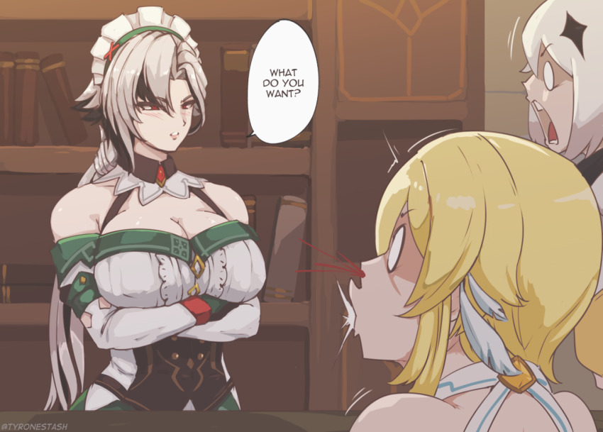 3girls, alternate_costume, arlecchino_(genshin_impact), black_eyes, blonde_hair, blurry, bookshelf, breasts, cleavage, commentary, cosplay, crossed_arms, depth_of_field, detached_sleeves, english_commentary, english_text, genshin_impact, indoors, katheryne_(genshin_impact), katheryne_(genshin_impact)_(cosplay), large_breasts, long_hair, long_sleeves, looking_at_another, low_ponytail, lumine_(genshin_impact), multicolored_hair, multiple_girls, paimon_(genshin_impact), ponytail, short_hair_with_long_locks, sidelocks, speech_bubble, surprised, two-tone_hair, tyrone, white_hair