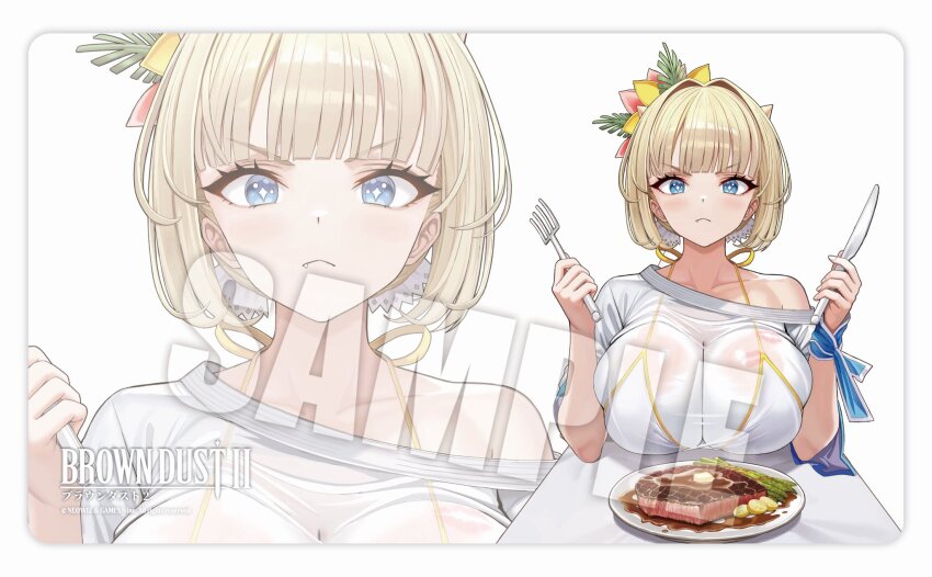 1girl, bikini, bikini_under_clothes, blonde_hair, blue_eyes, blush, breasts, brown_dust_(series)