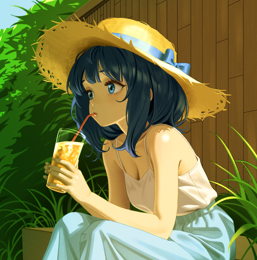1girl, bare_shoulders, blue_eyes, blue_hair, blue_skirt, breasts, cleavage, collarbone